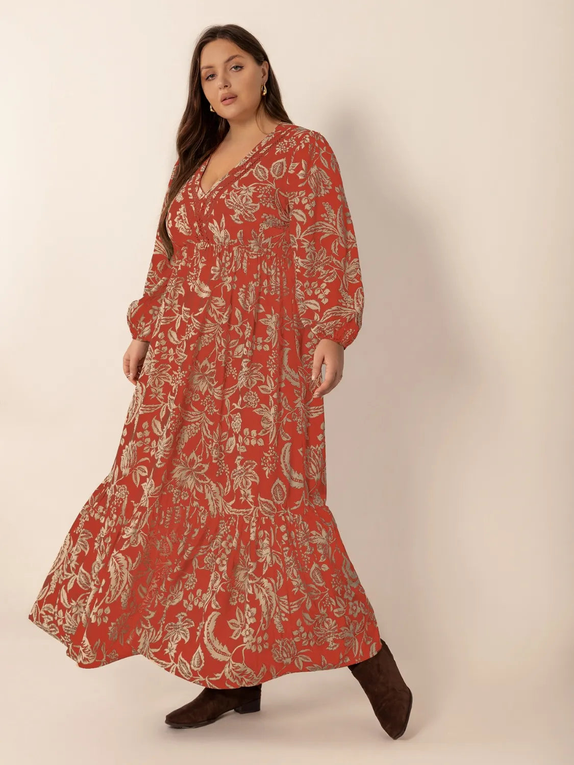 Lace Detail Printed Balloon Sleeve Midi Dress - alternate view 3