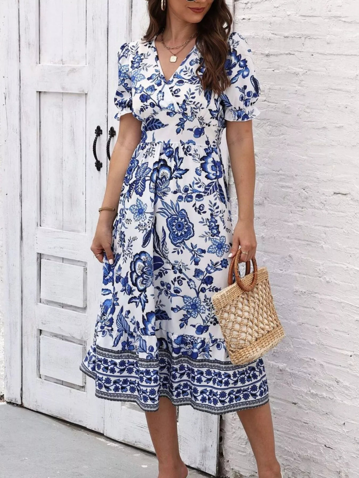Floral Print Puff Sleeve Wrap Midi Dress - alternate view 3