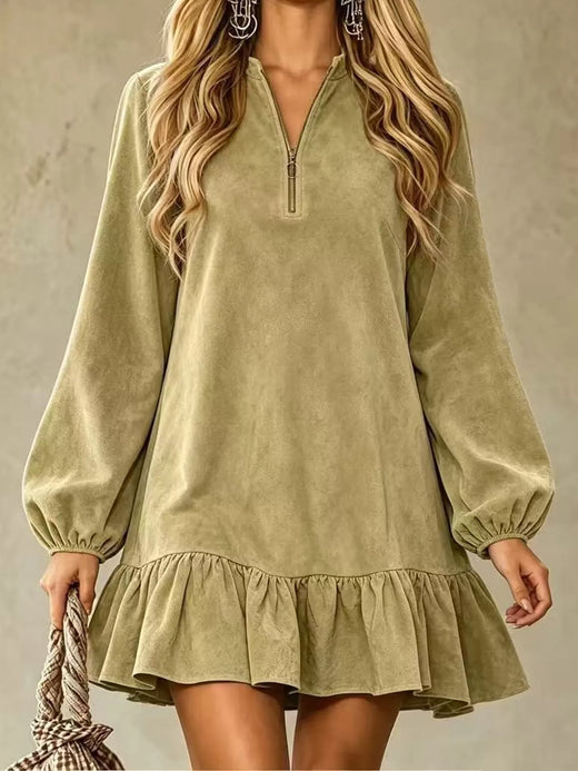 Quarter-Zip Ruffle Hem Mini Dress
