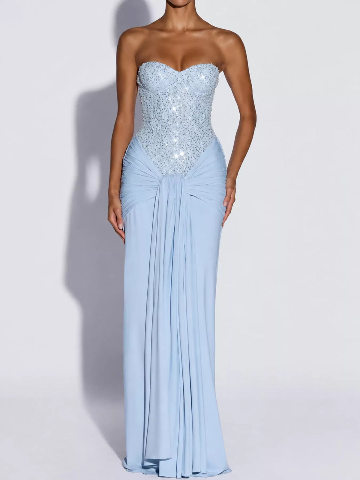 Elegant Strapless Sequin Corset Maxi Dress with Draped Waist Detail - alternate view 9