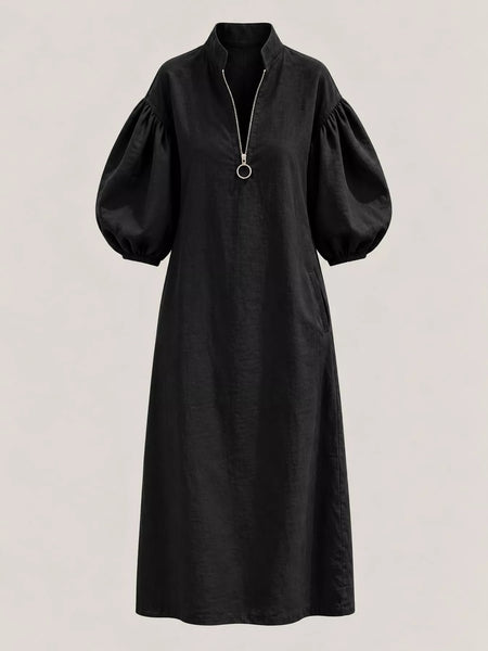 Half-Zip Puff Sleeve Midi Dress - alternate view 17