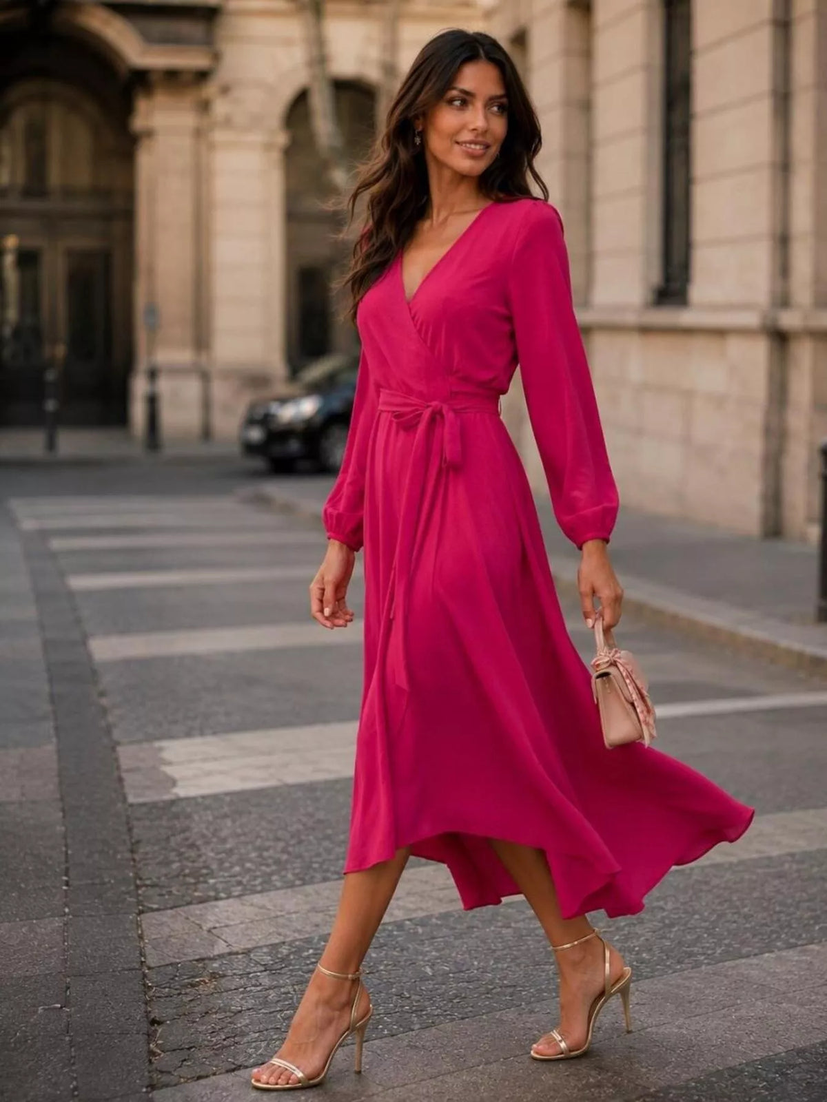 Long Sleeve Wrap Dress with Waist Tie - alternate view 8