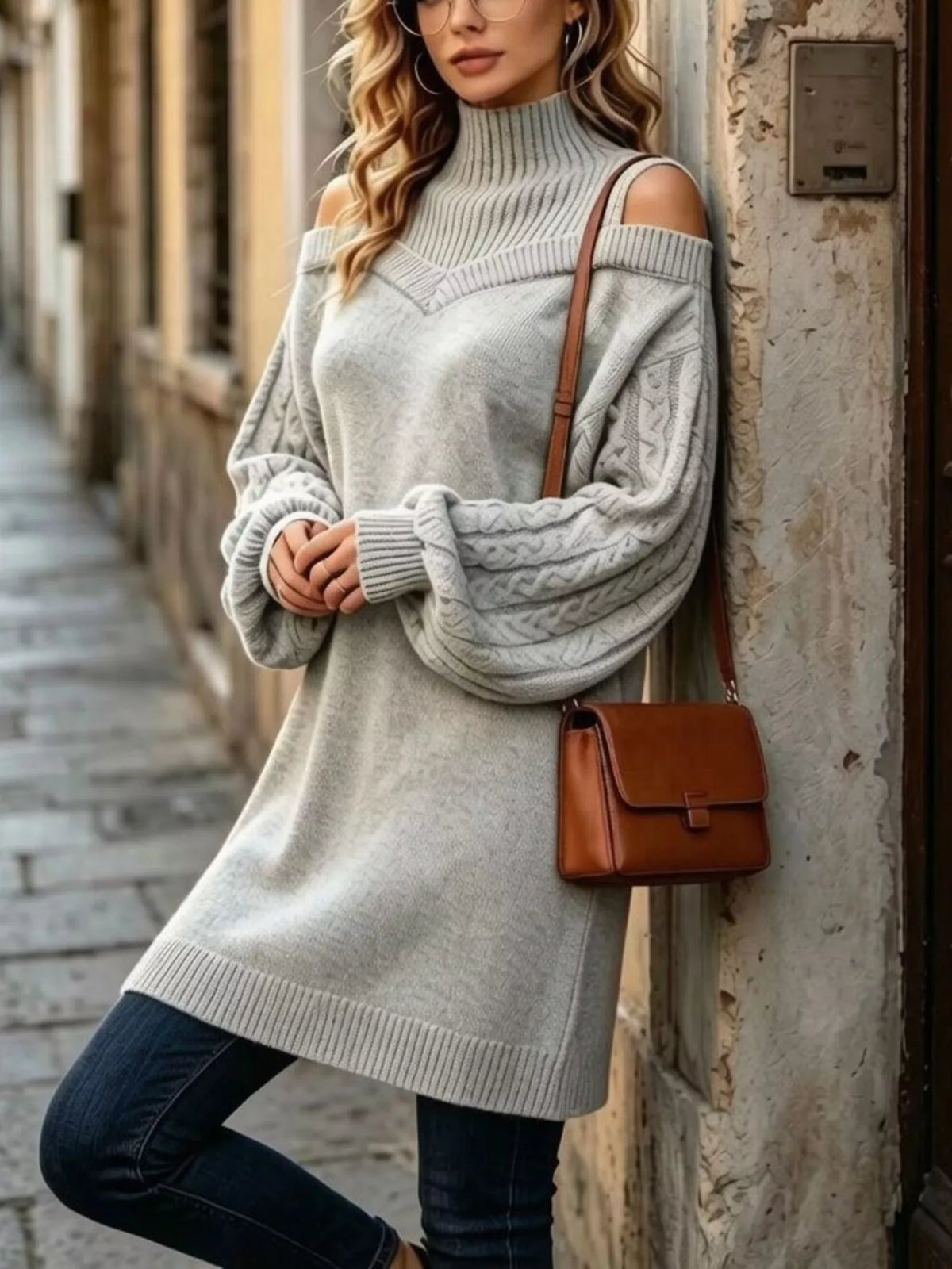 Full Size Cold-Shoulder Cable Knit Turtleneck Oversize Sweater Plus Size - alternate view 6