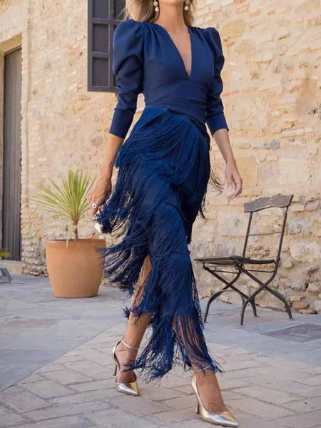 Fringed V-Neck Puff Sleeve Maxi Dress - alternate view 7