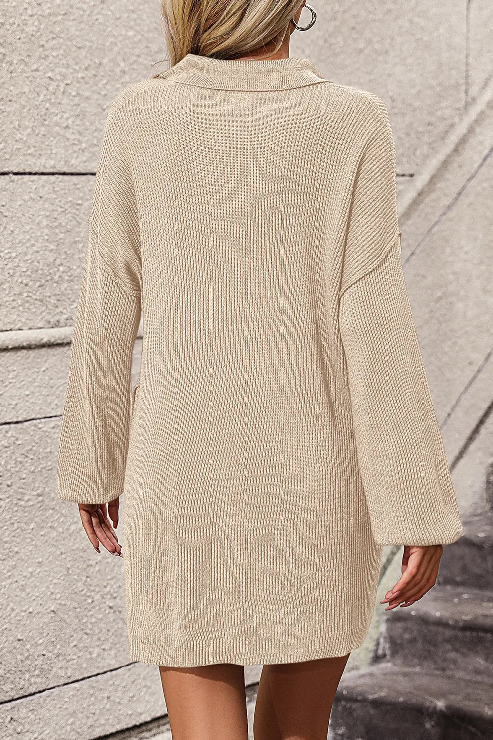 Collared Neck Long Sleeve Sweater Dress with Pockets - alternate view 9