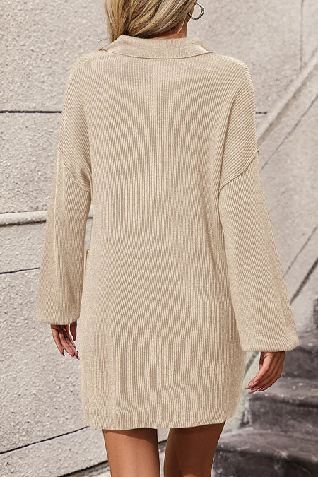 Collared Neck Long Sleeve Sweater Dress with Pockets - alternate view 9