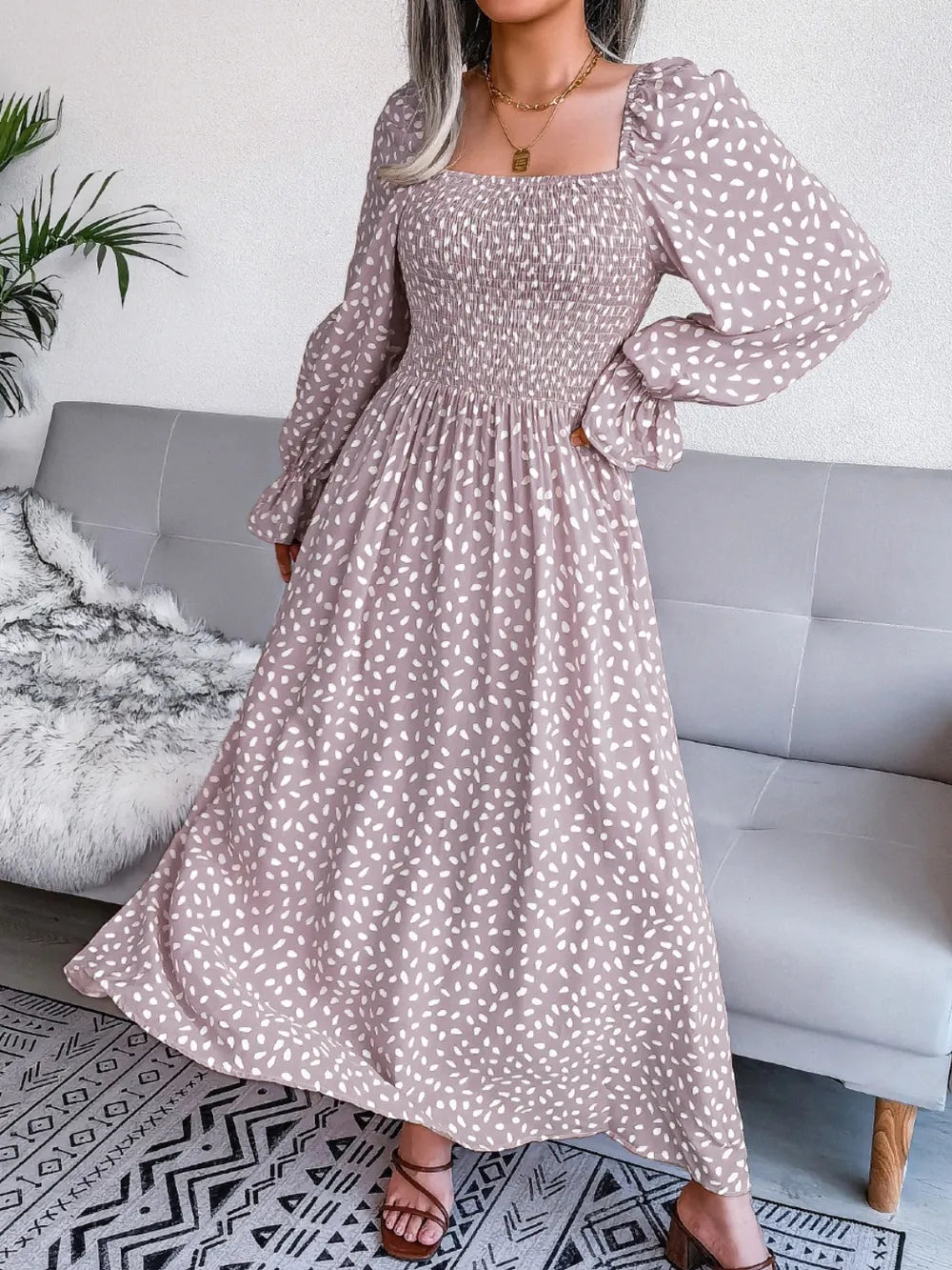 Smocked Square Neck Flounce Sleeve Dress - alternate view 15