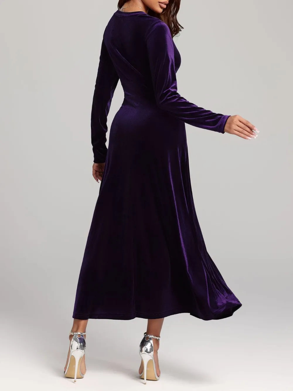 V-Neck Long Sleeve Velvet Dress - alternate view 2