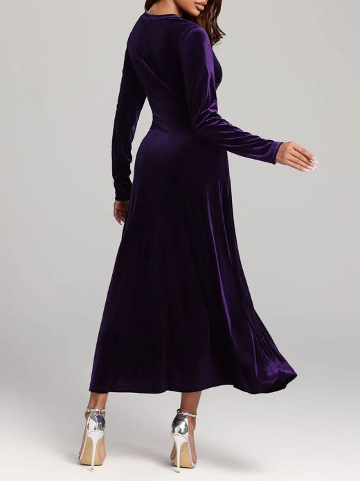 V-Neck Long Sleeve Velvet Dress - alternate view 2