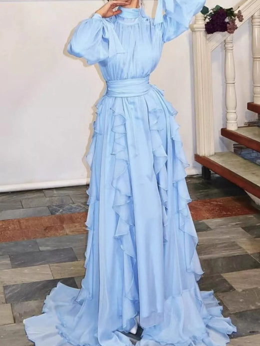 Ruffled Turtleneck Long Sleeve Maxi Dress