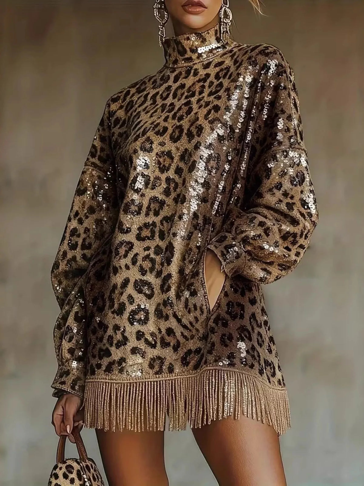 Full Size Leopard Sequin Mock Neck Fringe Hem Long Sleeve Mini Dress Plus Size