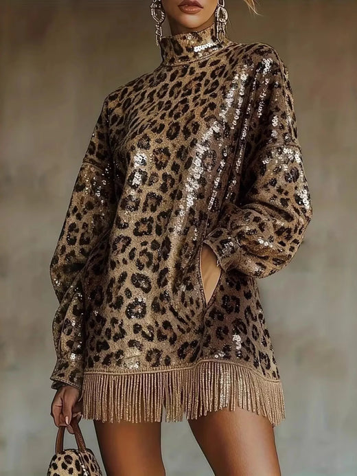 Full Size Leopard Sequin Mock Neck Fringe Hem Long Sleeve Mini Dress Plus Size
