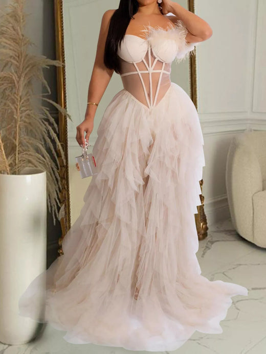 Feathered Corset Tulle Evening Dress - alternate view 3