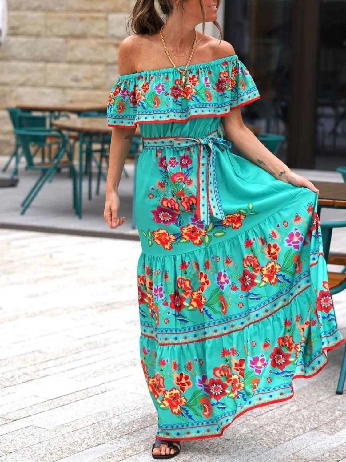 Floral Off Shoulder Ruffle Maxi Dress - alternate view 10