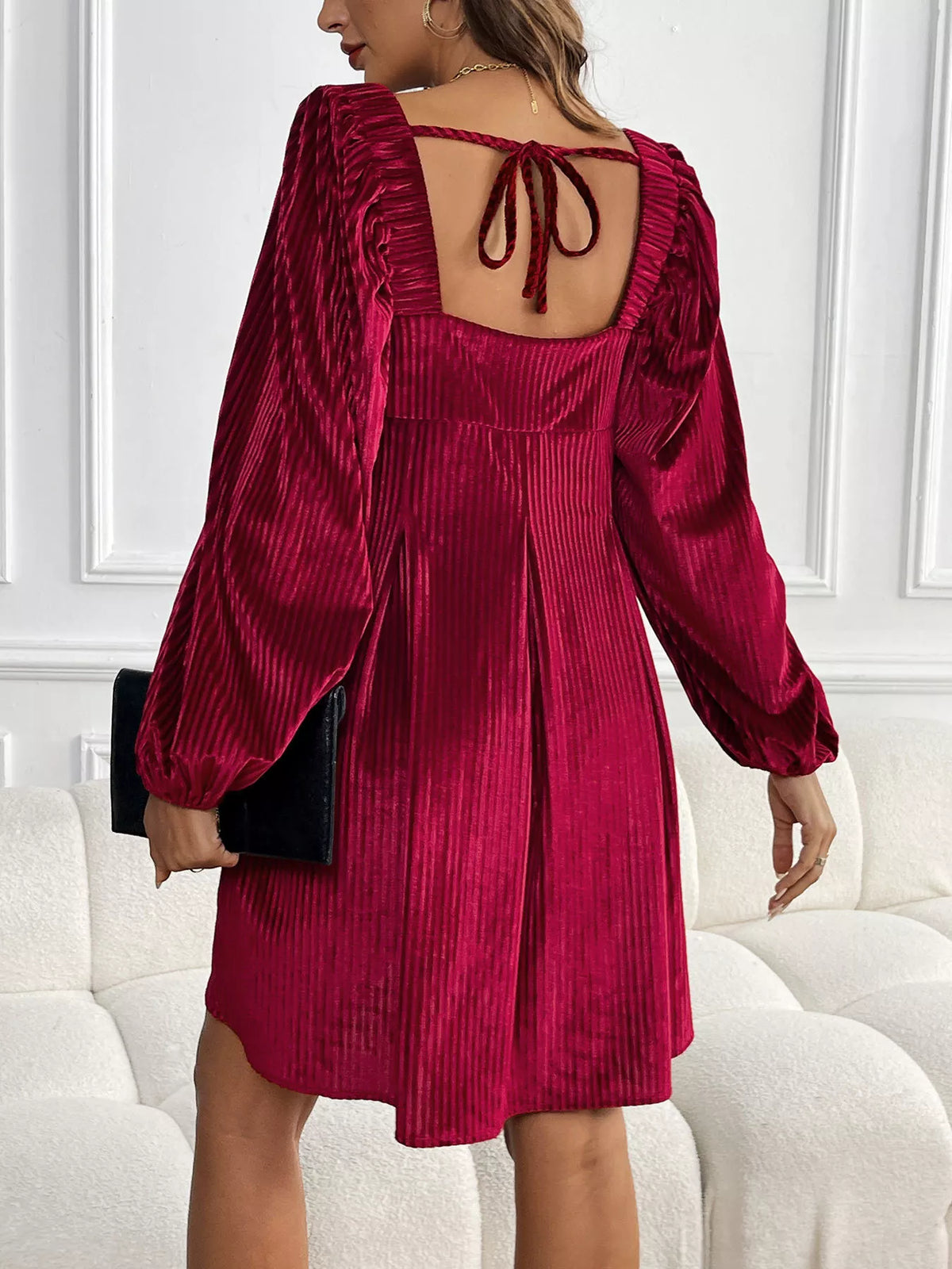 Velvet Square Neck Long Sleeve Dress - alternate view 14