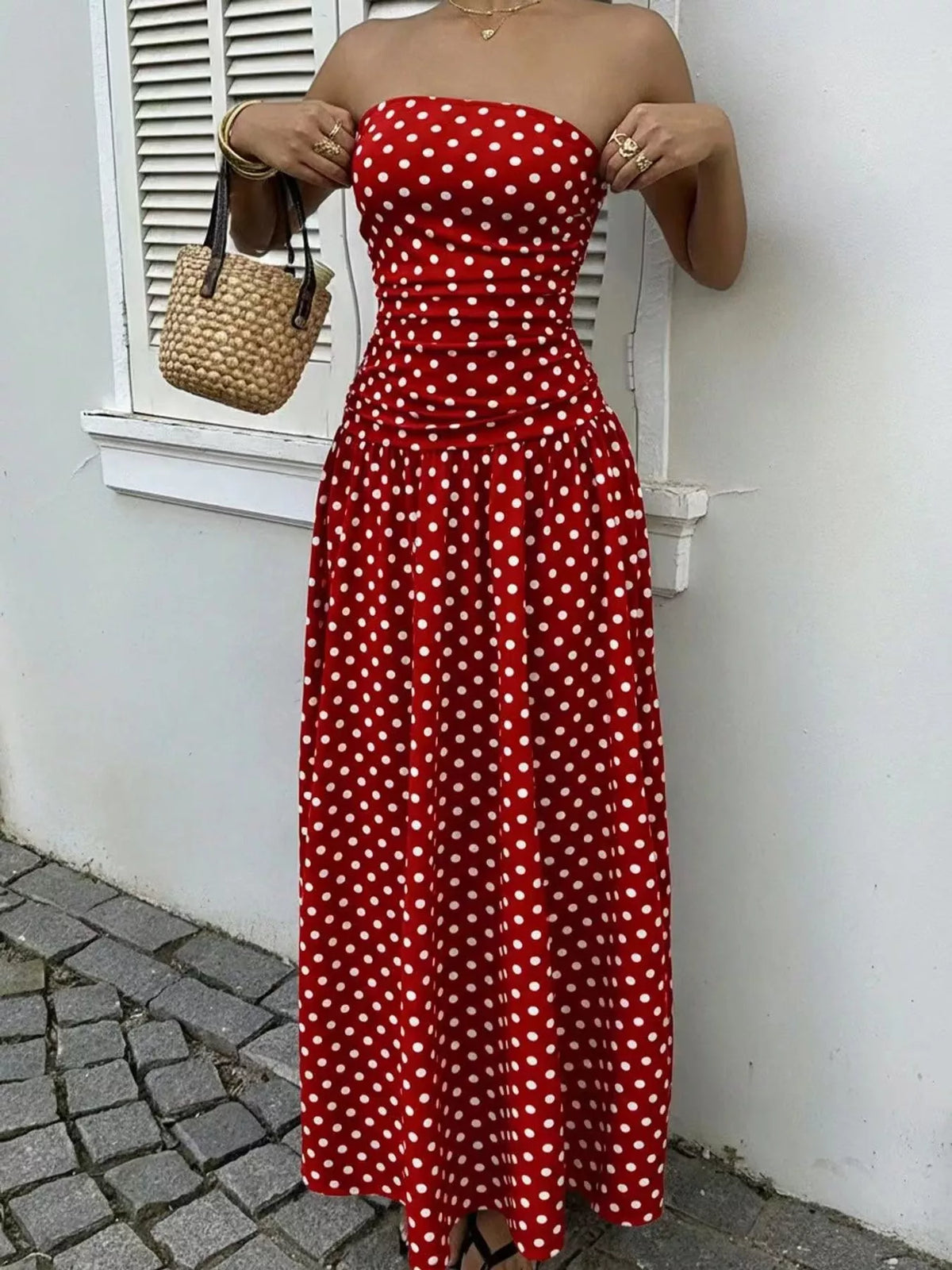 Strapless Polka Dot Ruched Maxi Dress - alternate view 16