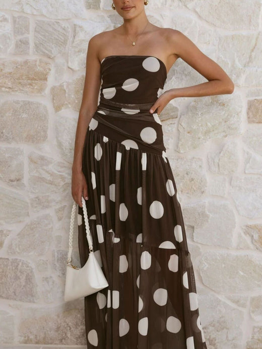 Polka Dot Strapless Ruched Maxi Dress - alternate view 3