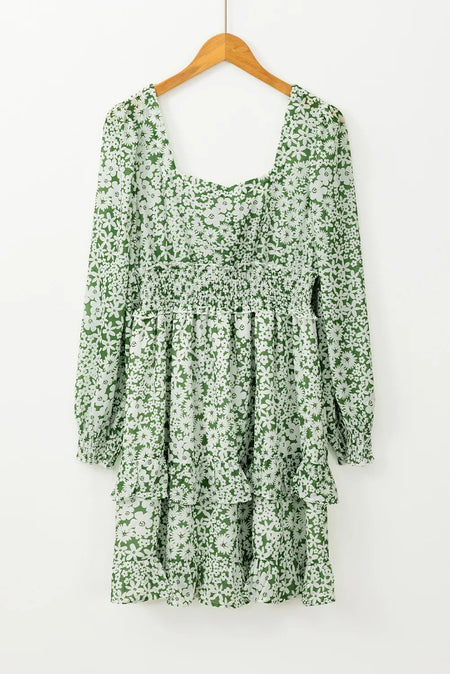 Ruffle Hem Floral Square Neck Long Sleeve Dress - alternate view 6