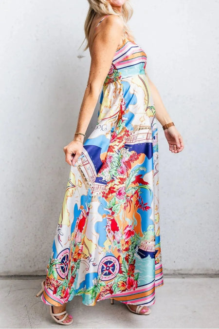 Smocked Back Printed Square Neck Maxi Cami Dress with Pockets - alternate view 7