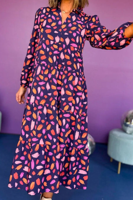 Printed Notched Long Sleeve Dress - alternate view 5