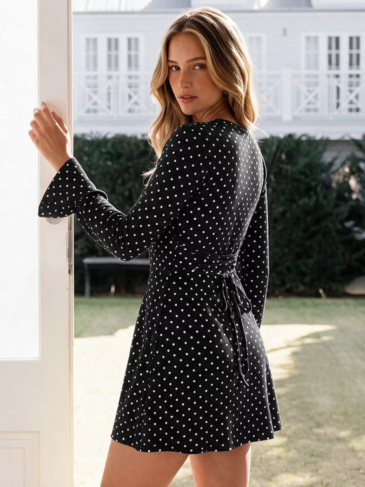 Polka Dot Long Sleeve Ruffle Hem Mini Dress - alternate view 5