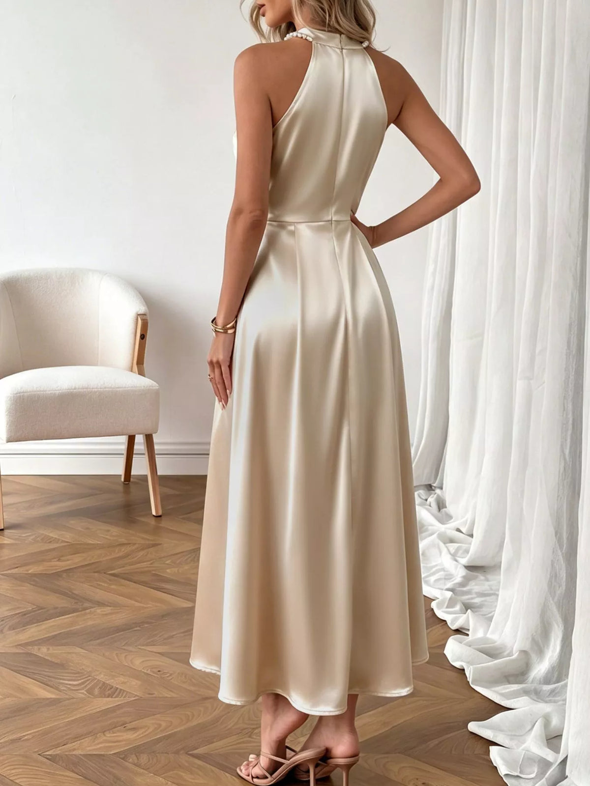 Pearl Halter Satin Midi Dress - alternate view 6