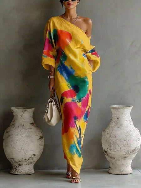 Full Size One-Shoulder Abstract Print Loose Fit Maxi Dress Plus Size - alternate view 5