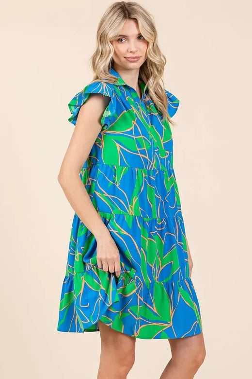 Leaf Print Ruffle Sleeve Tiered Mini Dress - alternate view 5