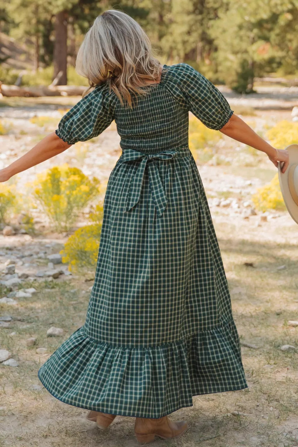 Plaid Square Neck Shirred High Waist Ruffle Hem Maxi Dress - alternate view 2