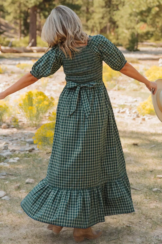 Plaid Square Neck Shirred High Waist Ruffle Hem Maxi Dress - alternate view 2