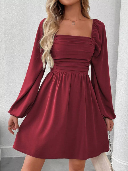 Ruched Square Neck Long Sleeve A-Line Dress - alternate view 5