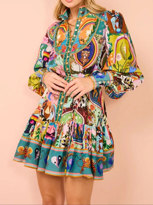 Printed Long Sleeve Mini Dress with Belt - alternate view 2