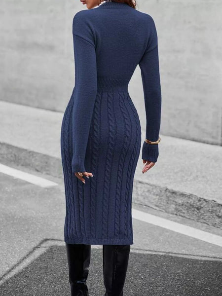 Full Size Mock Neck Cable Knit Sweater Dress with Front Slit Plus Size - alternate view 52