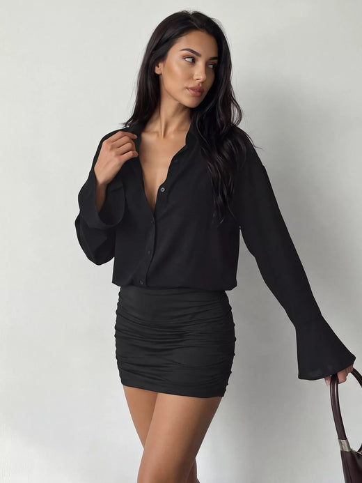Button Front Flounce Sleeve Bodycon Shirt Dress - alternate view 6