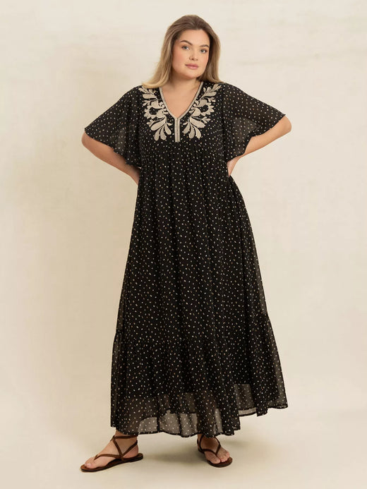 Printed V-Neck Flutter Sleeve Maxi Dress - alternate view 5