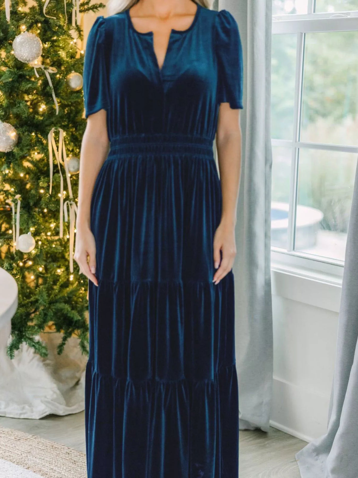 Velvet Tiered Short Sleeve Maxi Dress - alternate view 10