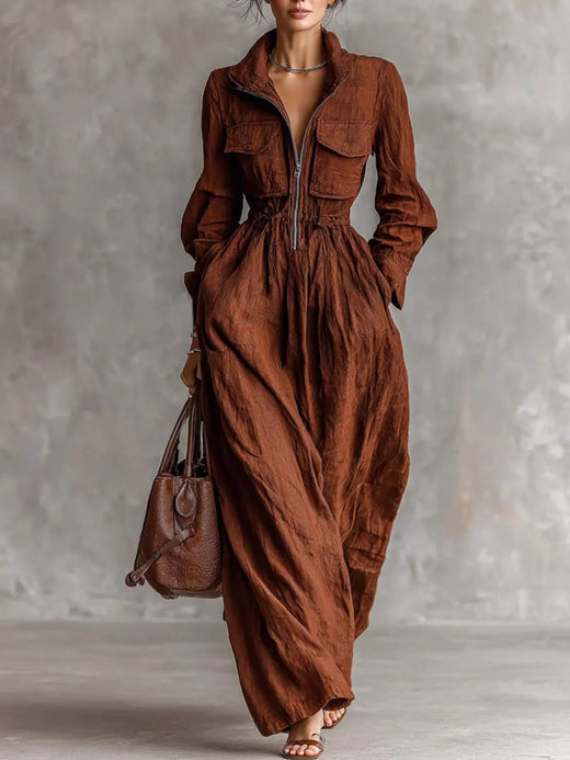 Zip-Front Long Sleeve Maxi Shirt Dress - alternate view 3