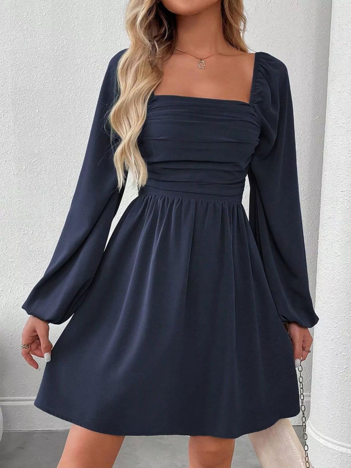 Ruched Square Neck Long Sleeve A-Line Dress - alternate view 22
