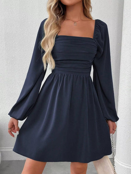 Ruched Square Neck Long Sleeve A-Line Dress - alternate view 22