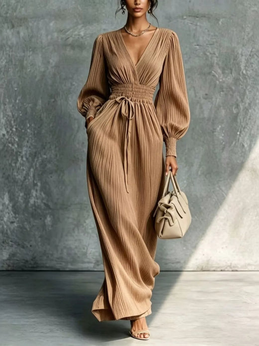 Elegant Pleated V-Neck Maxi Dress with Lantern Sleeves and Tie-Waist - alternate view 4