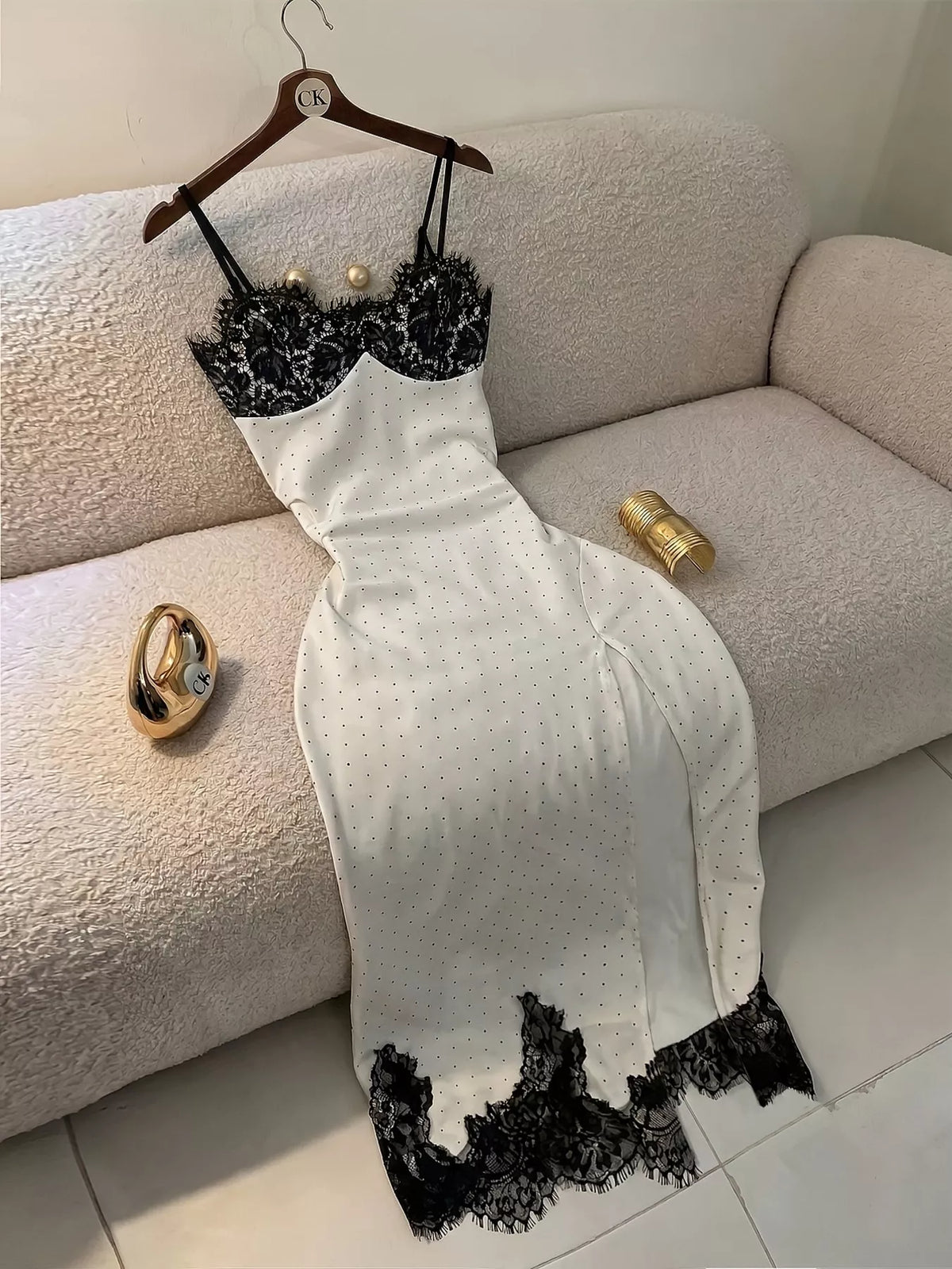 Polka Dot Lace Trim Spaghetti Strap Maxi Dress - alternate view 3