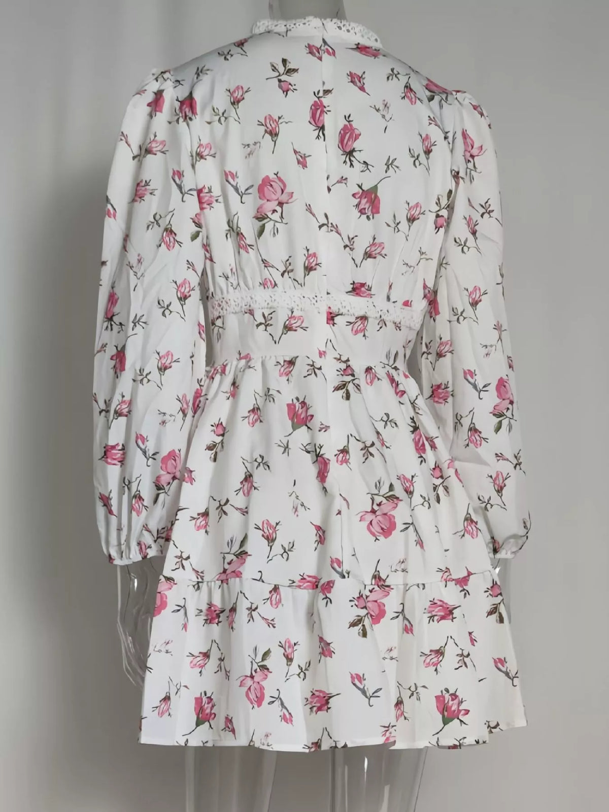 Lace Detail V-Neck Balloon Sleeve Dress - alternate view 11