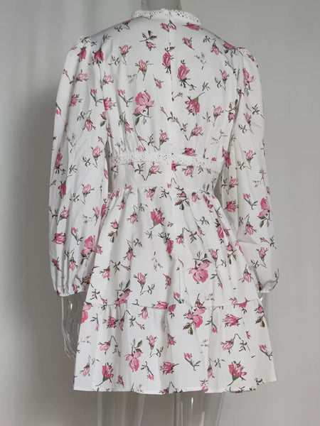Lace Detail V-Neck Balloon Sleeve Dress - alternate view 11