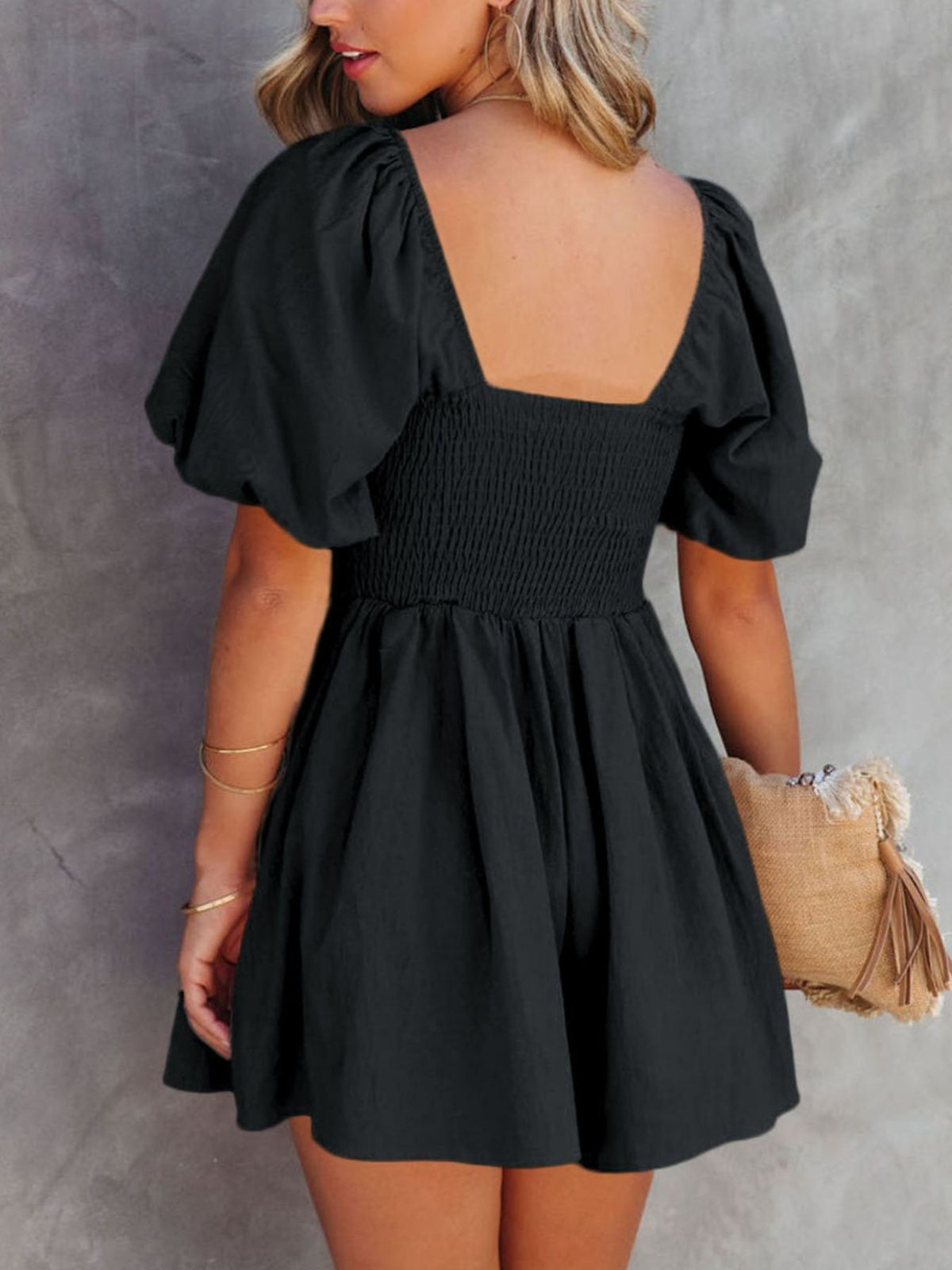 Square Neck Ruched Puff Sleeve Romper - alternate view 7