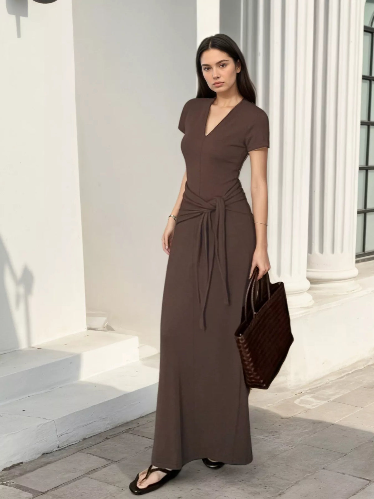 V-Neck Short Sleeve Maxi Dress with Waist-Tie Detail - alternate view 3