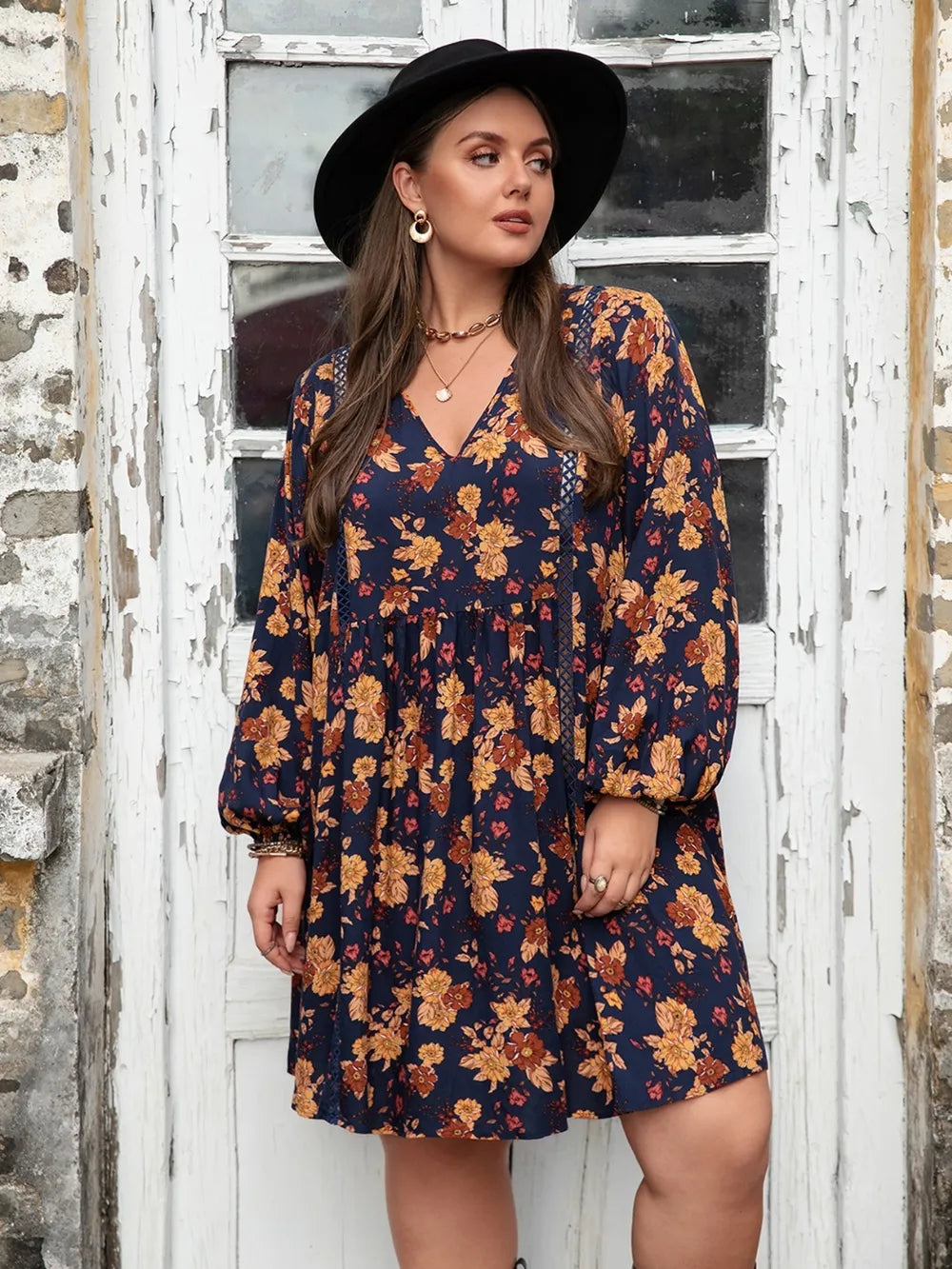 Floral V-Neck Balloon Sleeve Dress - alternate view 3