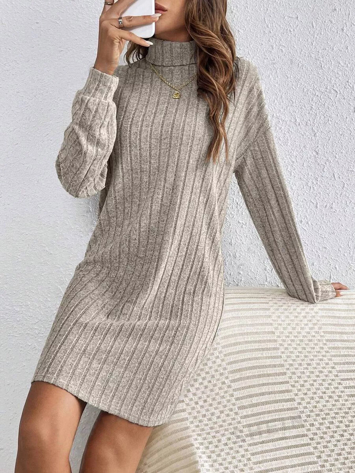 Turtleneck Ribbed Knit Dress - alternate view 3
