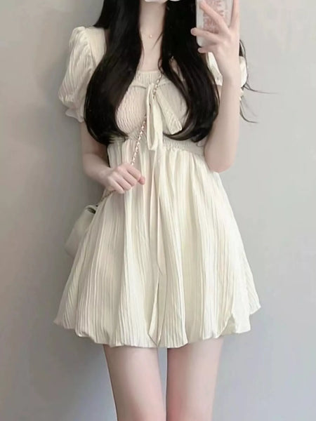 Puff-Sleeve Smocked Mini Dress with Tie-Front Detail