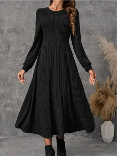 Ribbed Knit Long Sleeve A-Line Midi Dress