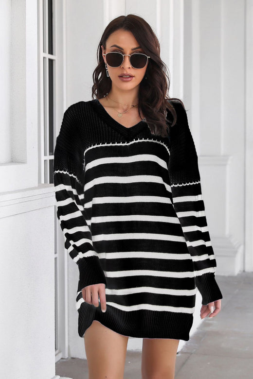 Striped V-Neck Drop Shulder Sweater Dress - alternate view 4